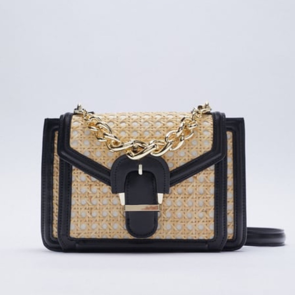 ZARA CHAIN HANDLE RATTAN CROSSBODY BAG Vegan NWT $109